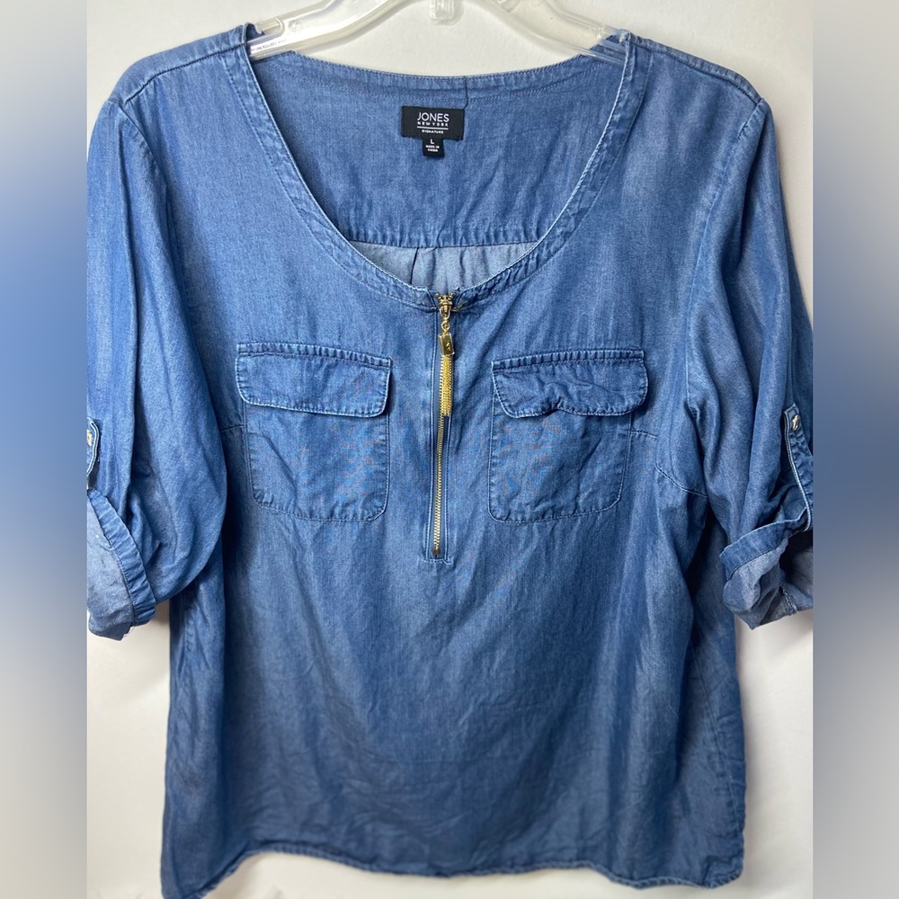Jones New York Blue Denim-Look Half-Zip Utility Top